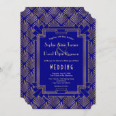 Royal Navy Blue Gold Great Gatsby Art Deco Wedding Invitation (Front/Back)