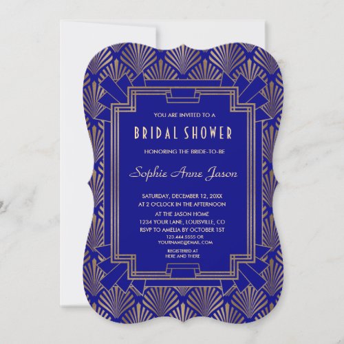 Royal Navy Blue Gold Great Gatsby Bridal Shower Invitation