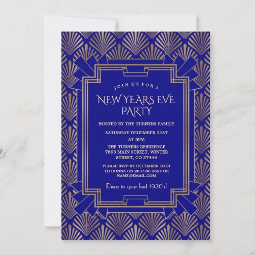 Royal Navy Blue Gold Great Gatsby New Year Party Invitation