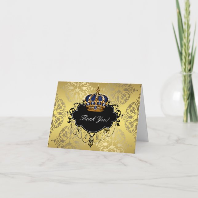 Royal Navy Blue Gold Prince Crown Thank You Cards (Front)
