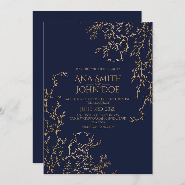 Royal Navy-Blue & Gold Wedding Invitation (Front/Back)