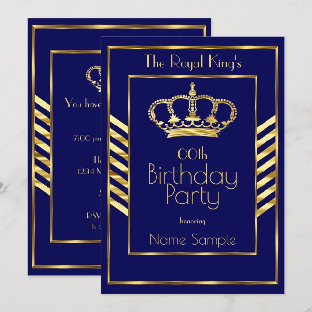Royal Navy Blue King Man Birthday Party Gold Crown Invitation (Front/Back)