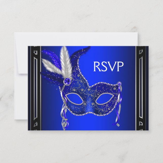 Royal Navy Blue Mask Masquerade Party RSVP Card (Front)