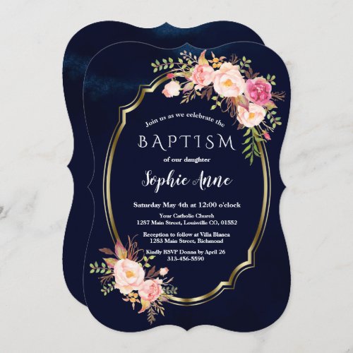 Royal Navy Blue Pink Floral Gold Girl Baptism Invitation