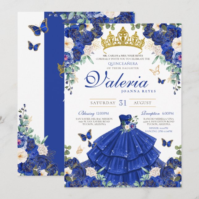 Royal Navy Blue Rose Butterfly Princess Birthday Invitation (Front/Back)