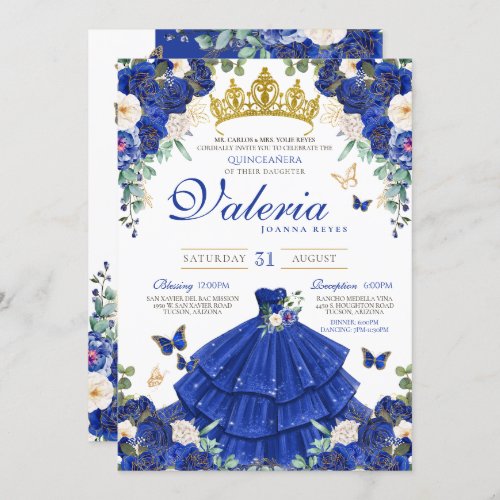 Royal Navy Blue Rose Butterfly Princess Birthday Invitation