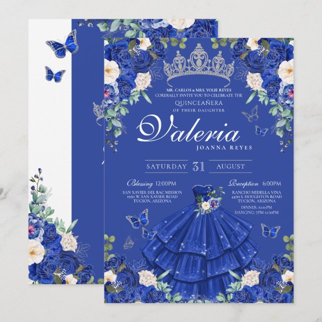 Royal Navy Blue Rose Butterfly Silver Quinceanera Invitation (Front/Back)