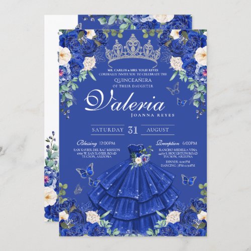 Royal Navy Blue Rose Butterfly Silver Quinceanera Invitation