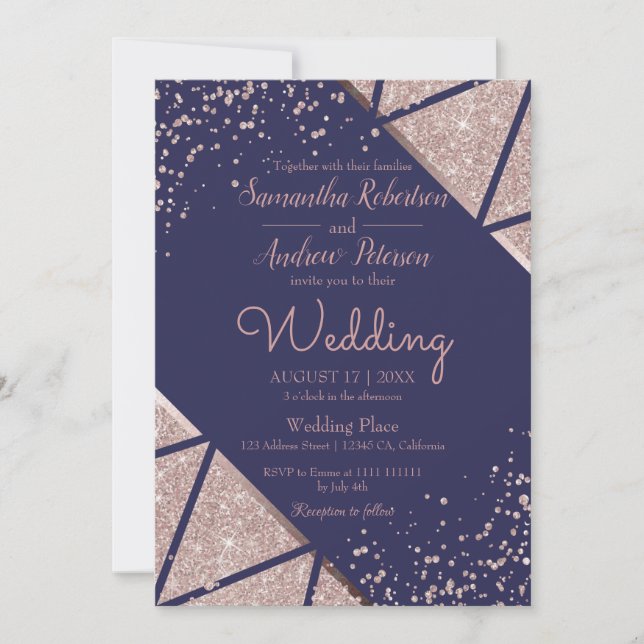 Royal Navy Blue Rose Gold Confetti Glitter Wedding Invitation (Front)
