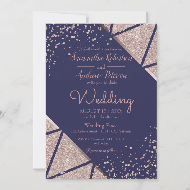 Royal Navy Blue Rose Gold Confetti Glitter Wedding Invitation | Zazzle
