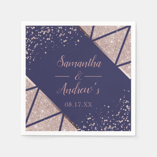 Royal Navy Blue Rose Gold Confetti Glitter Wedding Napkins (Front)