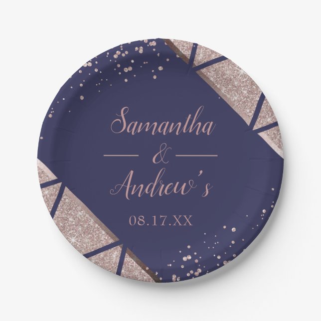 Royal Navy Blue Rose Gold Confetti Glitter Wedding Paper Plates (Front)