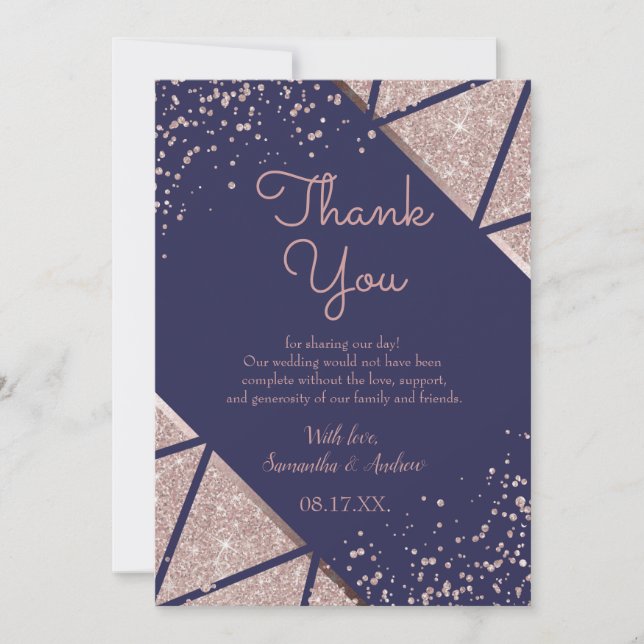Royal Navy Blue Rose Gold Confetti Glitter Wedding Thank You Card (Front)