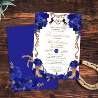 Royal Navy Blue Rose Western Charro Quinceañera Invitation