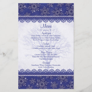 Royal Navy Blue Snowflake Winter Wedding Menu Card
