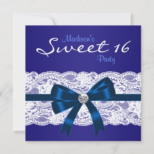 Royal Navy Blue White Lace Blue Sweet 16 Party Personalized Announcements