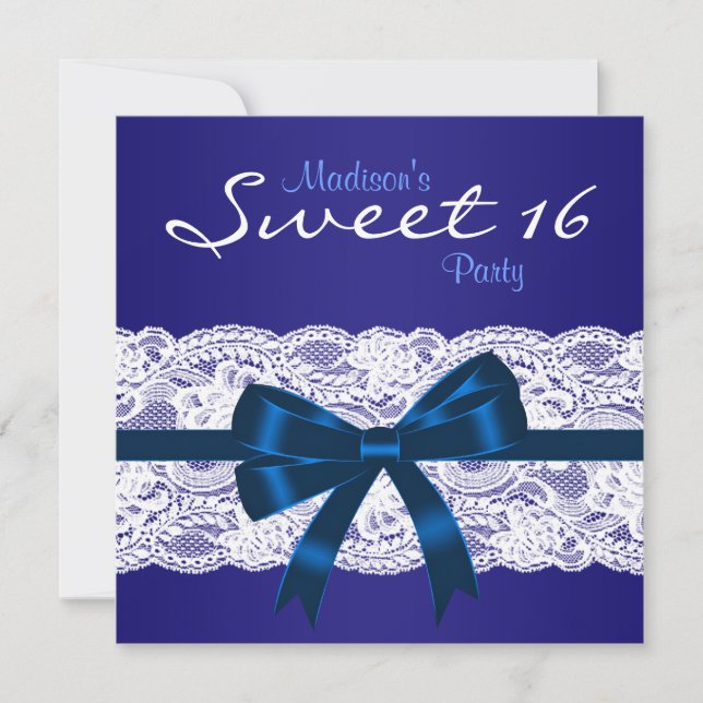 Royal Navy Blue White Lace Blue Sweet 16 Party Invitation (Front)
