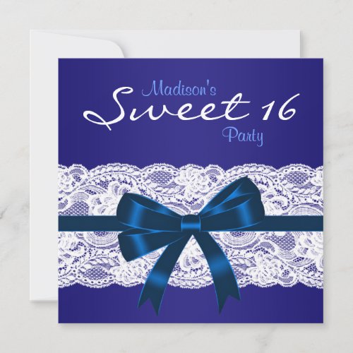 Royal Navy Blue White Lace Blue Sweet 16 Party Invitation