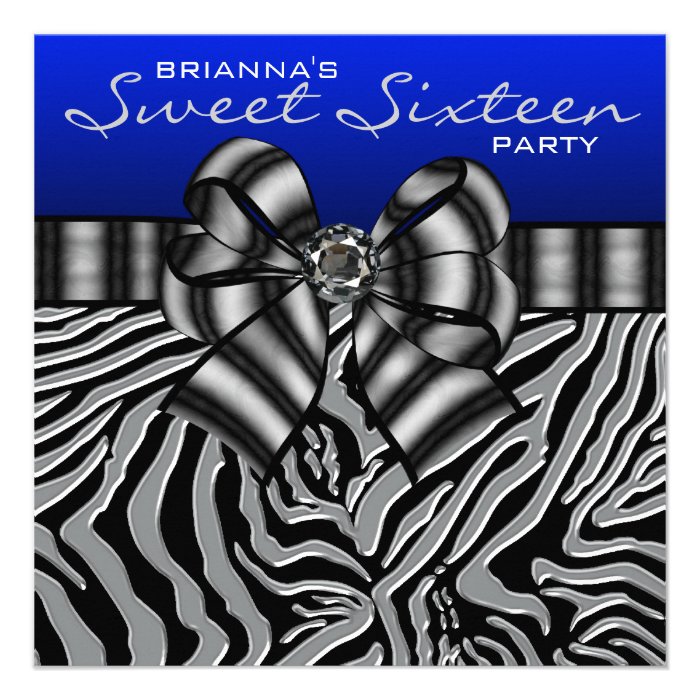 Royal Navy Blue Zebra Sweet 16 Birthday Party Announcements