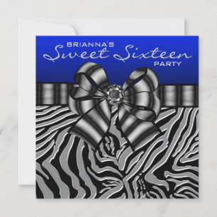 Royal Navy Blue Zebra Sweet 16 Birthday Party Invitation