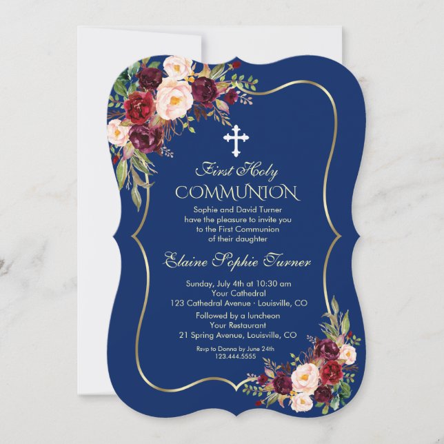 Royal Navy Burgundy Floral Gold First Communion Invitation (Front)