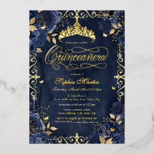 Royal Navy Gold Butterfly Rose Quinceanera Foil Invitation