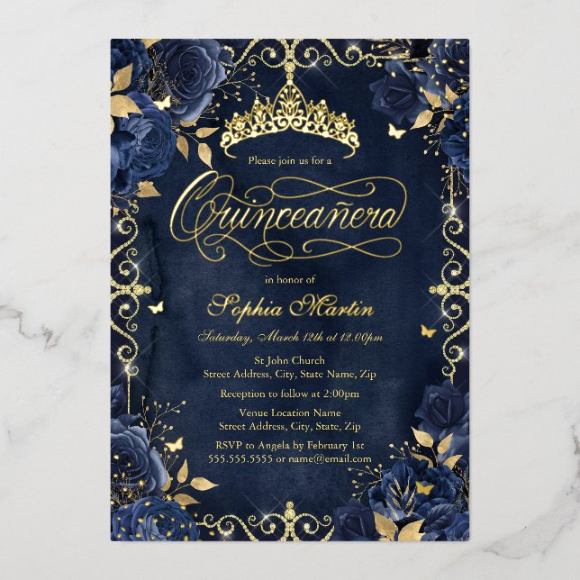 Royal Navy Gold Butterfly Rose Quinceanera Foil Invitation (Front)