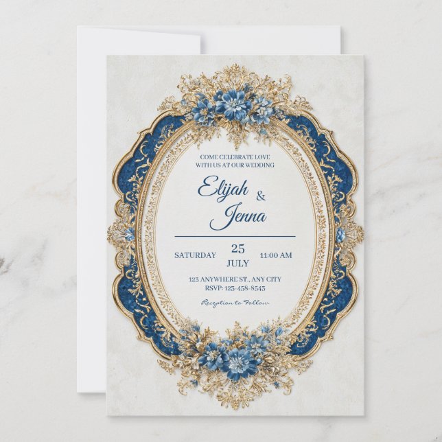 Royal Navy Gold Floral Baroque Scalloped Oval Invitation (Front)