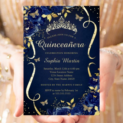 Royal Navy Gold Floral Butterfly Tiara Quinceanera Foil Invitation