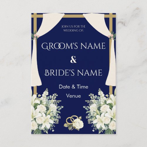 Royal Navy & Gold Floral Wedding Invitation