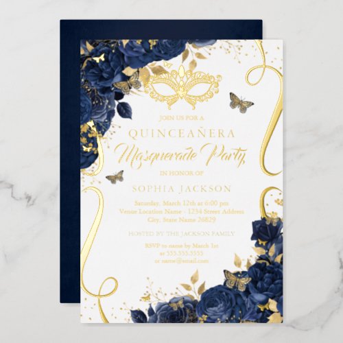 Royal Navy Masquerade Butterfly Quinceanera Foil Invitation