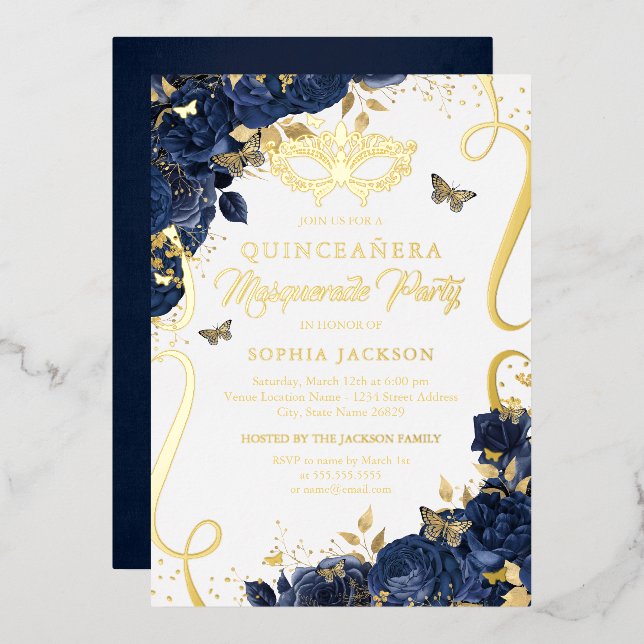 Royal Navy Masquerade Butterfly Quinceanera Foil Invitation (Front/Back)