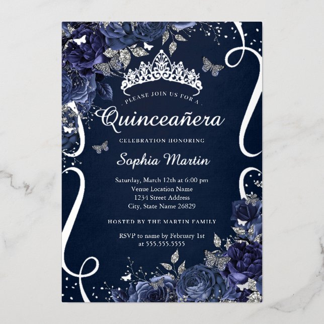 Royal Navy Scroll Floral Butterfly Quinceanera Foil Invitation (Front)
