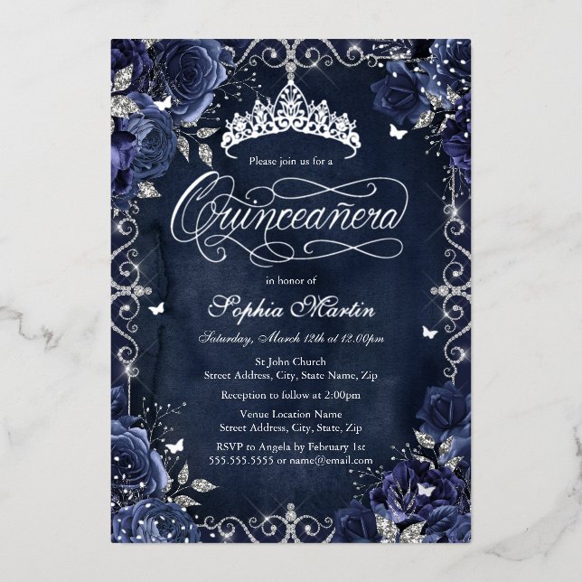 Royal Navy Silver Butterfly Rose Quinceanera Foil Invitation (Front)