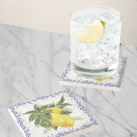 Royal Navy Toile Lemons Stone Coaster<br><div class="desc">These lovely European style marble coasters feature luscious lemons surrounded by a toile border! A bunch of bright, ripe lemons on a branch encircled with generous green leaves. A border of royal navy blue toile filagree borders the design. A perfect touch for your Italian or French countryside inspired kitchen! Carry...</div>