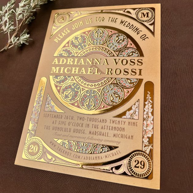 Beautiful, stunning & eye-catching art nouveau wedding invitation in gold colors.