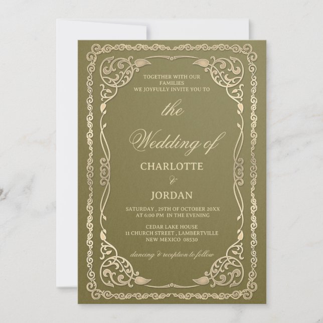 Royal Olive Green and Gold Wedding  Invitation (Front)