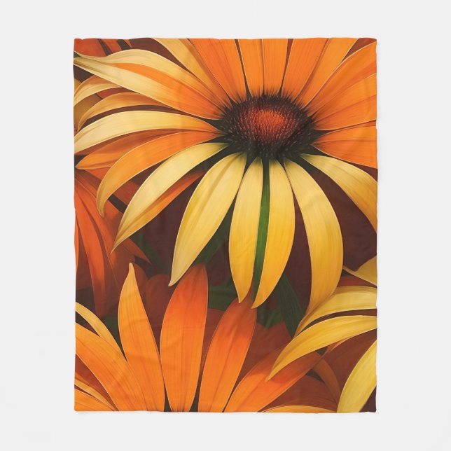 Royal Orange Coneflowers Fleece Blanket (Front)