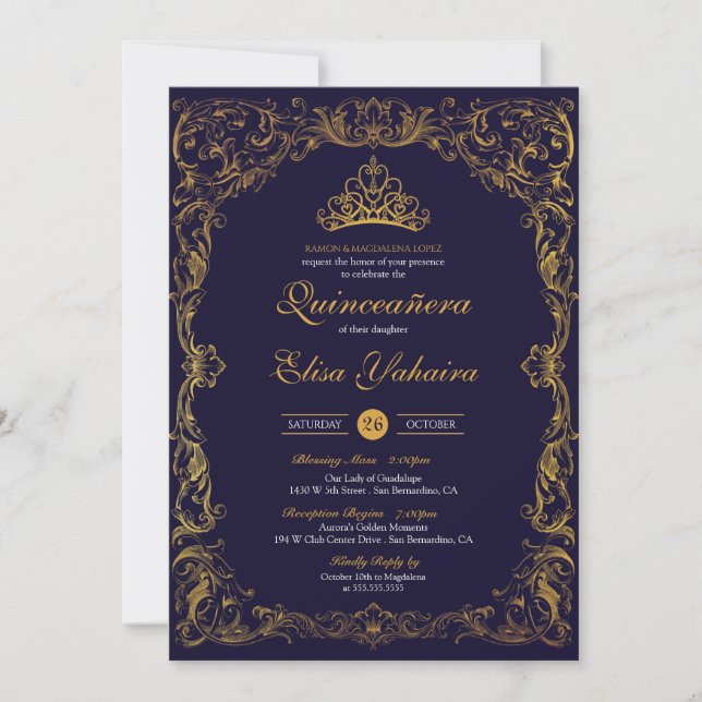 Royal Ornamental Gold Blue Crown Storybook Quince Invitation (Front)