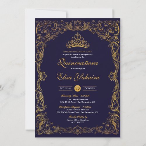 Royal Ornamental Gold Blue Crown Storybook Quince Invitation