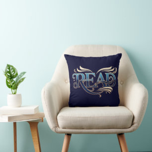 Royal Ornate Blue & Gold "READ" Masterpiece Throw Pillow