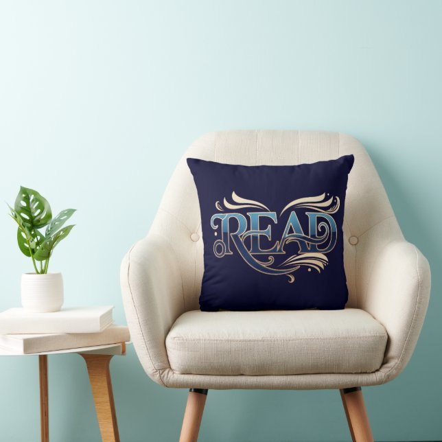 Royal Ornate Blue & Gold "READ" Masterpiece Throw Pillow (Chair)