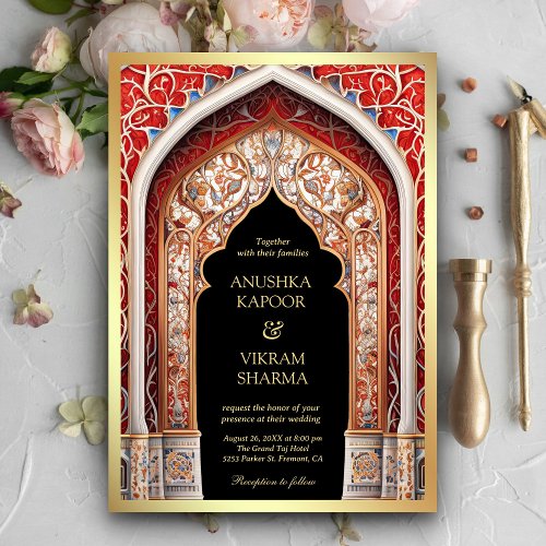 Royal Palace Red Arch Photo Black Indian Wedding Invitation