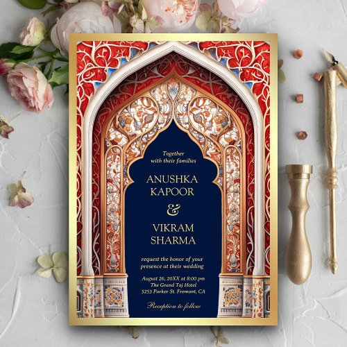 Royal Palace Red Arch Photo Blue Indian Wedding Invitation