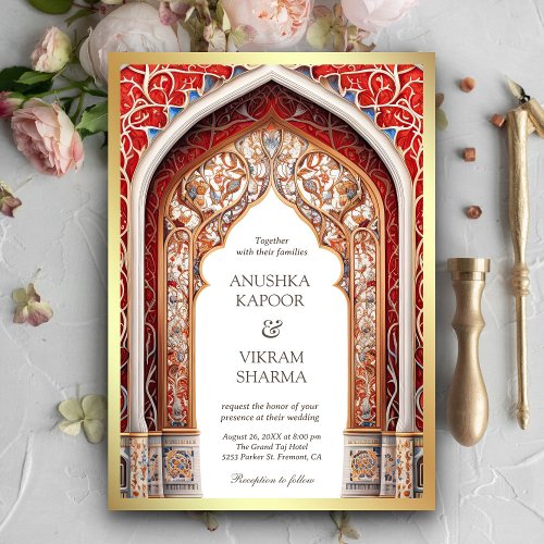 Royal Palace Red Arch Photo Indian Wedding Invitation