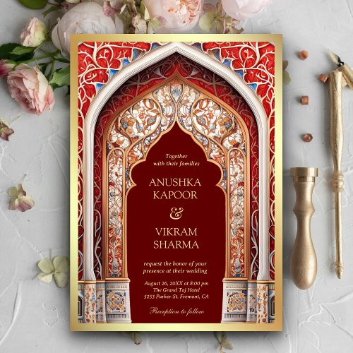 Royal Palace Red Arch Photo Maroon Indian Wedding Invitation