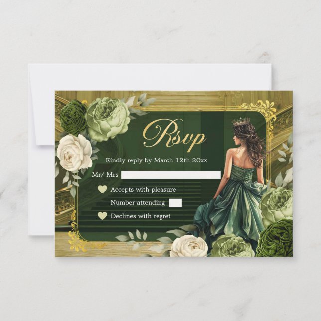 Royal Palace Sage and Hunter Green MiS Quince RSVP (Front)