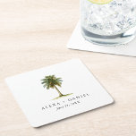 Royal Palm Tree Tropical Wedding Square Paper Coaster<br><div class="desc">Royal palm trees line many beautiful streets in coastal cities and tropical locales. Symbolizing elegance and tropical splendor,  this custom personalized wedding drink coaster features a watercolor royal palm with a text template for including the bride and groom's names and wedding date.</div>