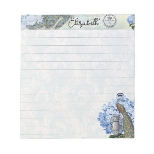 Royal peacock and hydrangea personalized notepad