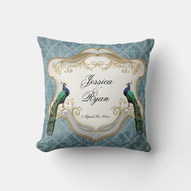 Royal Peacock Blue Personalized Anniversary Pillow (Front)